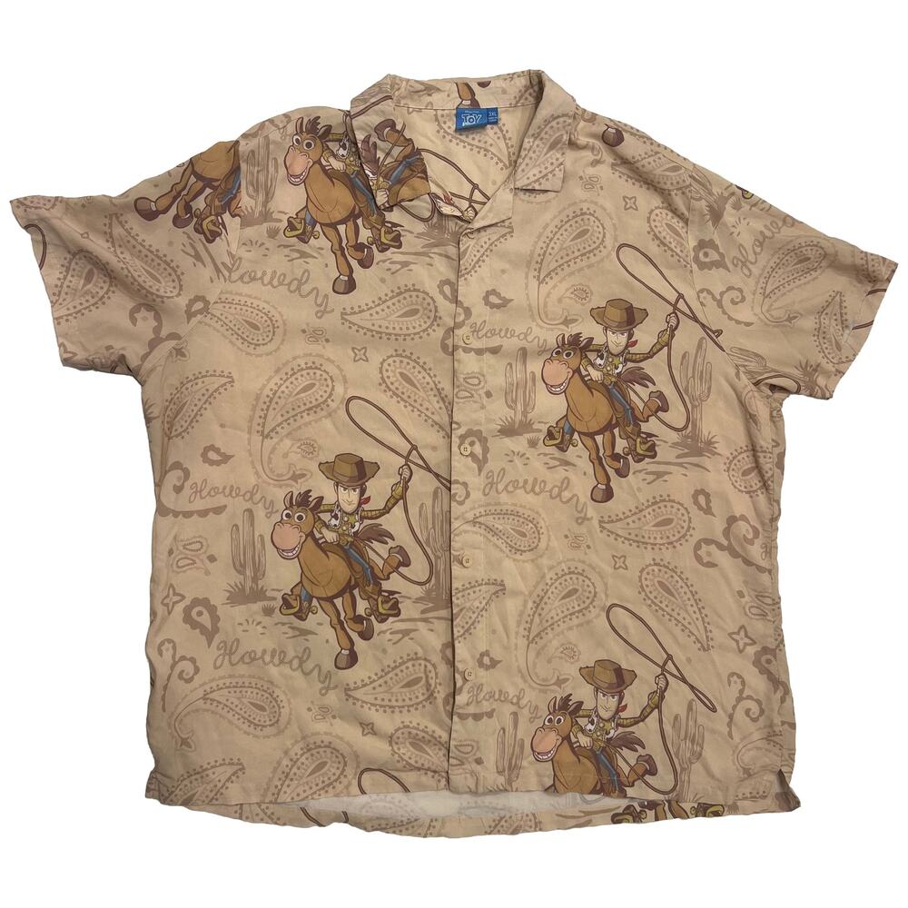 Disney Pixar Toy Story Woody Bullseye Camp Shirt Beige Paisley Mens Size 3XL